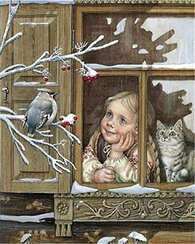 YEESAM ART DIY Ölgemälde Malen nach Zahlen Erwachsene Kinder, Katzen Mädchen Vogel Winter Schneeszene Zahlenmalerei ab 5 Öl Wandkunst (Mädchen, mit Rahmen)