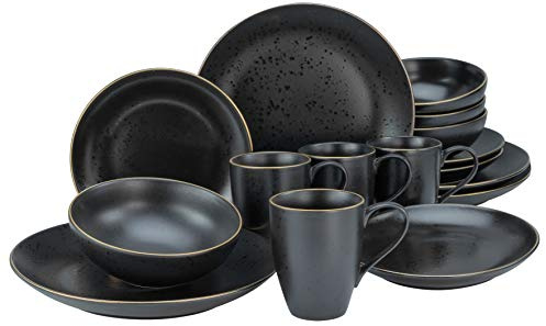 CreaTable, 22699, Serie Industrial Gold BLACK, 16-teiliges Geschirrset für 4 Personen, Kombiservice aus Steinzeug, spülmaschinen- und mikrowellengeeignet, Qualitätsproduktion
