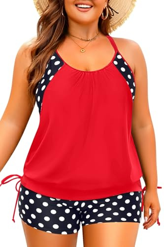 Holipick red Polka dot Plus Size Tankini Swimsuits for Women Two Piece Tummy Control Bathing Suit Blouson Tankini Top with Shorts 16W