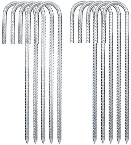 NONMON 10Pcs Tent Pegs Heavy Duty Ground Rebar Stakes, 12 Inch Galvanised Steel Metal J Hooks Anchors Staples for Outdoor Camping Trampoline Football Net Fences Swing Gazebo Marquees Garden