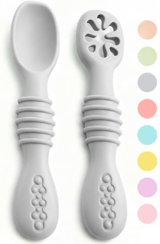 VegMai® Precucchiai per bambini. BLW Learning Spoons, Phase 1 + Phase 2. Raccomandato da nutrizionisti ed esperti di svezzamento. Rivestito in Silicone Antibatterico ed Ergonomico. (GRIGIO)