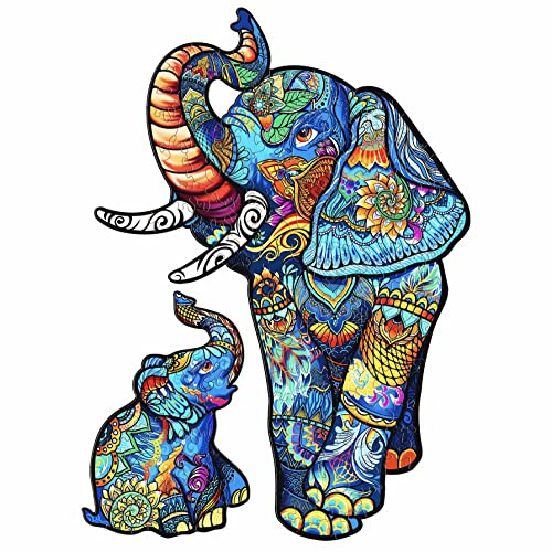 Blumuze Wooden Jigsaw Puzzles 265pcs, Elephant Family Wooden Puzzle for Adults, Unique Shaped Animal Wood Puzzles for Adults Kids with Wood Gift Box,L-43.6 * 31.7cm
