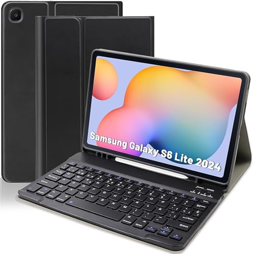 Zabatoco Funda con Teclado Español Ñ para Galaxy S6 Lite 10.4, Negro | Funda de Cuero con Teclado Bluetooth Desmontable para Samsung Tab S6 Lite (SM-P620/P625/P613/P619/P615/P610,2024/2022/2020)