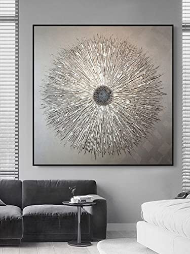 Abstrakte Handgemalte Ölgemälde Auf Leinwand Postmodernes Wohnzimmer Luxus Silber Und Silberfolie Dicke Textur Textur Einfache High-End-Modellzimmer Restaurant Wandbild Dekorative Malerei 70X70Cm(28