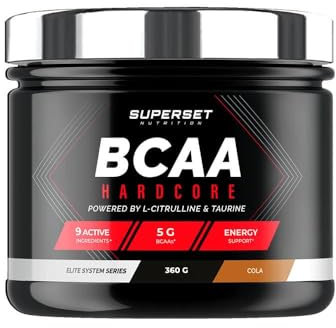 Superset Nutrition - Bcaa Hardcore (360g) - BCAA en poudre (acides aminés) - Ratio 2:1:1 optimal pour l'anabolisme - Formule explosive de BCAA + Citrulline, Taurine et vitamines - Cola