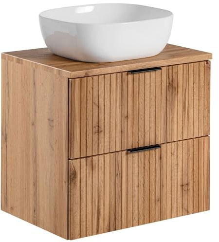Lomadox Badmöbel Waschtisch Set Unterschrank Wotaneiche gerillt, 42cm Keramik-Waschbecken, 2 Softclose-Schubkästen, B/H/T 60,6/74,2/46,5 cm