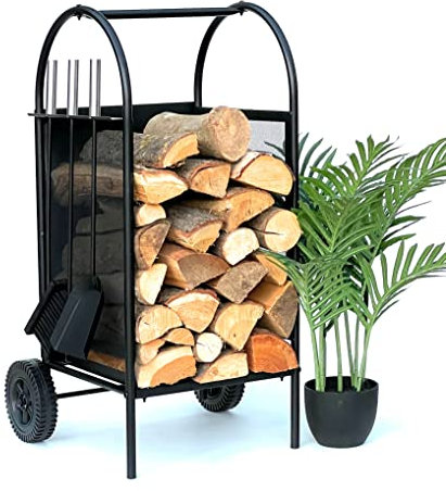 DanDiBo Scaffale per legna da ardere, interno in metallo, nero, 80 cm, con attrezzi e ruote, 96358