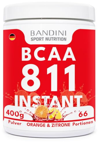 Bandini® BCAA POWDER 8 1 1 Integratore di Aminoacidi Ramificati in rapporto 8:1:1 da 400g - Polvere Aromatizzata al gusto di ARANCIA e LIMONE - Palestra, Sport, Pre Intra e Post Workout - 100% Vegan