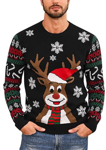 Marvmys Maglione Natalizio Uomo Divertente Maglia di Natale Fiocco Neve Alce Lavorato a Sweater Girocollo Men a Maniche Lunghe Pullover Festa Natalizie