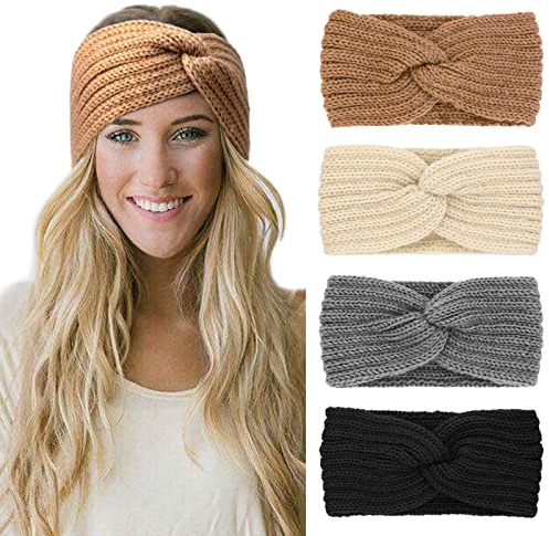 DRESHOW 4 Pièces Bandeau Cheveux pour Femme Bandeaux Hiver Serre-Tête Tricoté Oreille Réchauffeur Chaud Noué Bande Elastique Cheveux