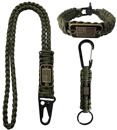 DIHAIMI Heavy Duty Paracord Set - Lanyard Necklace, Carabiner Keychain, and Tactical Survival Bracelet for Men and Woman with Bronze USA Flag（Army Green）