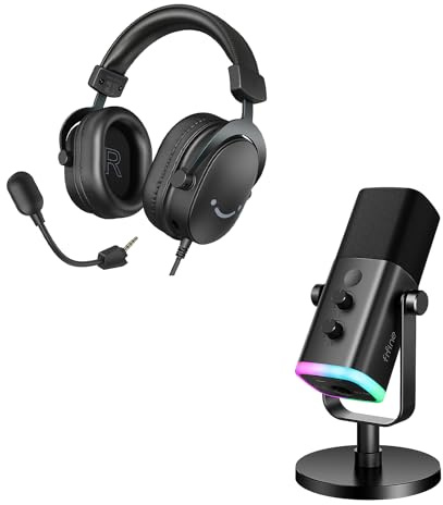 FIFINE XLR Streaming Mikrofon und Gaming Headset, Microphone PC und Over Ear Kopfhörer mit USB & 3,5 mm Kabel, für Podcast MacOS Windows PS4 PS5 Xbox Switch (AM8+H9)