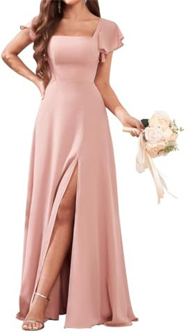 WSEYU Robe trapèze avec manches à volants en mousseline de soie et balayage/train pour invitées de mariage, robe de soirée Rose poudré Taille 42