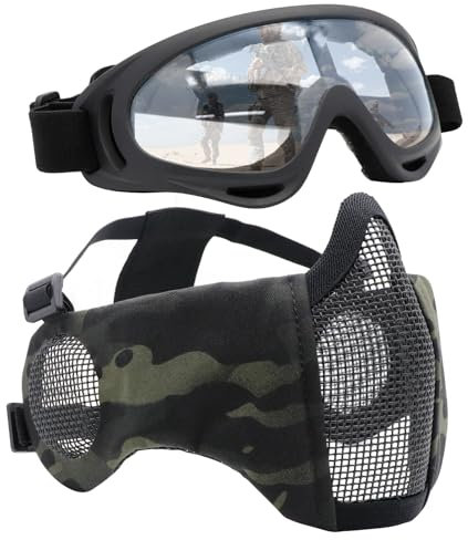 Yzpacc Airsoft Mask with Goggles, Foldable Half Face Airsoft Mesh Mask with Ear Protection for Paintball Shooting Cosplay CS Game (BCP)