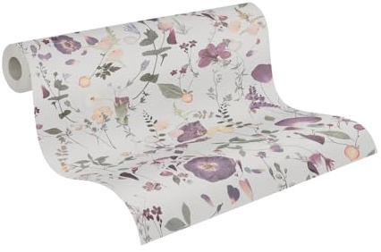 A.S. Création Blätter-Vliestapete – Violett, Beige – 0,53 x 10,05 m | Florales Blätter-Motiv als natürlicher Blickfang – matte Motivtapete, einfach zu verkleben & spurlos abziehbar