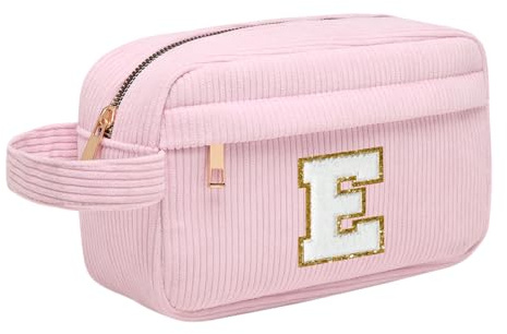 Personalisierte Initialen Make-up-Tasche, Cord-Kosmetiktasche Reise Kulturbeutel mit MetallReißverschluss Tragbare Schminktasche Damen, Weihnachts Geburtstagsgeschenk für Frau Mädchen Rosa E