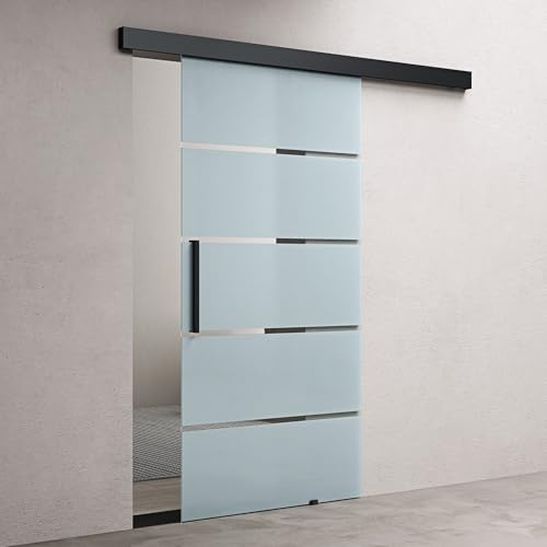 doporro Glasschiebetür Komplettset Softclose 90x205cm Milchglas-Streifen | 15mm Wandabstand | Schiebetür mit 8mm ESG-Sicherheitsglas | Zimmertür Glas mit Schwarz Stangengriff | Amalfi-plus 13