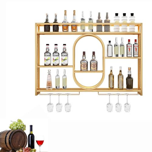 Botellero Vino Pared con Luz LED para Vinoteca Mueble Bar Garrafeira Mini Bar Wine Rack con Soporte Copas Colgante Mueble Comedor Cocina Estanterias Pared para Cocina Comedor Bar(Gold,140cm/55.11in)