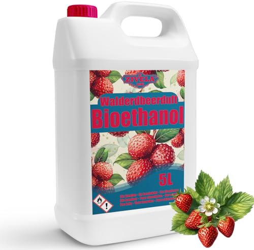Bioetanol 96,6% 5L | Bio Alcohol Aroma a fresa silvestre 96,6% 5L | Bioetanol para chimenea, chimenea de mesa | Bioetanol aroma a fresa silvestre | Combustión limpia, sin humo, llama viva y estable