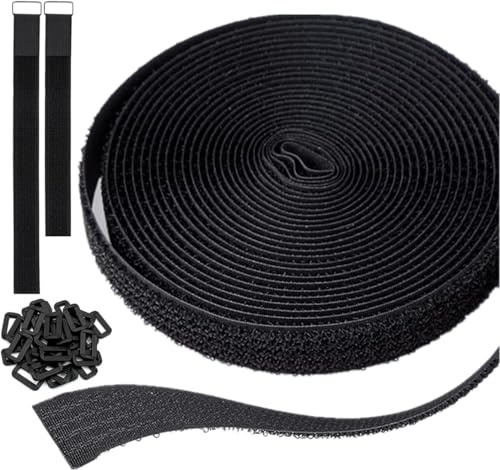 0.8 inch Wide 16Ft Cable Straps with 15 Plastic Buckles, Reusable Cable Ties, Cut to Length Hook and Loop Straps for Cord, Wire, Cable Multi Purpose Organizer or Storage, Black