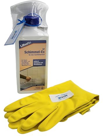 zbs24 Lithofin KF Schimmel-Ex 500ml, entfernt schwarze Stockflecken, Schimmel, Pilze, Algen, für Fliesen, Fugen, Putz und Mauerwerk, inkl. Latex Handschuhe Gr. 8 (1 x 500ml)