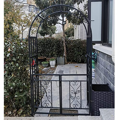 Garden Arch with Gate Weather Resistant Metal Archway for Climbing Plants Sturdy Rose Trellis Pergola 81''H×44.8 W Outdoor Yard Patio Decor
