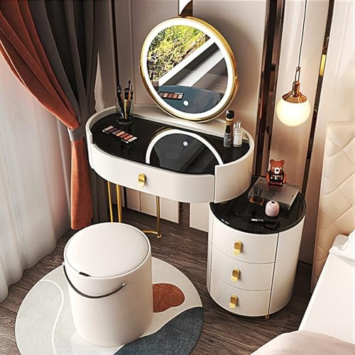 Schminktisch mit beleuchtetem Spiegel, Glasplatte, Tisch-Set mit Schubladen, Beistellschrank und Stuhl, 3 Beleuchtungsfarben, Make-up-Tisch mit Lichtern, Schminktisch für Sie, Weiß, 70 cm