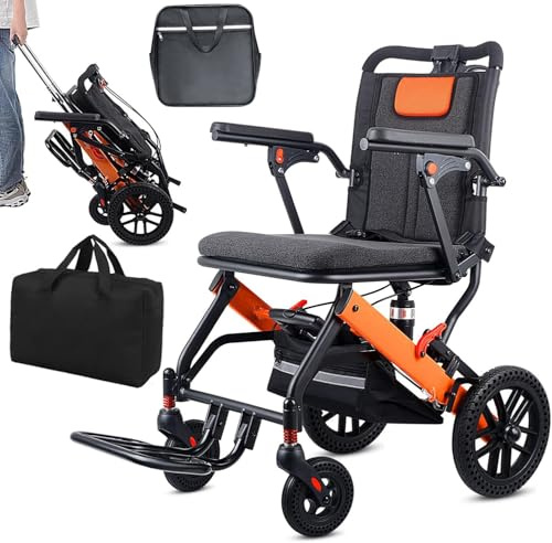 WISGING Ultra-Light Transport Wheelchair, Folding Portable Wheelchair with Hand Brake, Trolleys for Elderly Aircraft Travel, Wheelchairs for Adults (with Travel Bag/Backbag) (with Telescopic Handle)