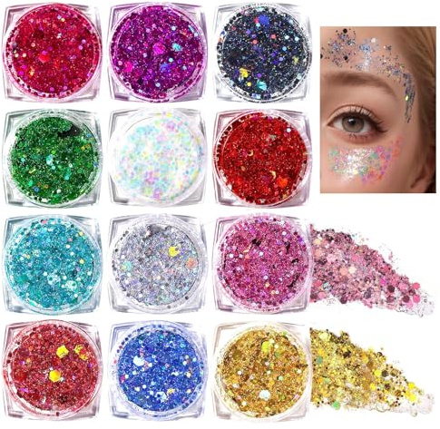 Festival Glitzer Gesicht, 12 Stück Body Glitter Gel Festival Zubehör Gadget | Face Body Glitter Festival Accessoires Gadget,Haar Glitzer Festival Gesichtsglitzer Halloween Schminke Karneval Körperglitzer