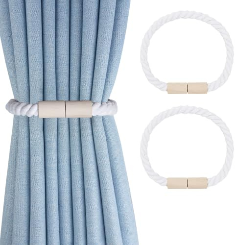 TopHomer 2 Stück magnetische Vorhangbänder, handgewebt aus Baumwolle, magnetische Schnalle mit Vorhangschnalle aus Holz, Dekoration für Zuhause und Büro (Blanc)