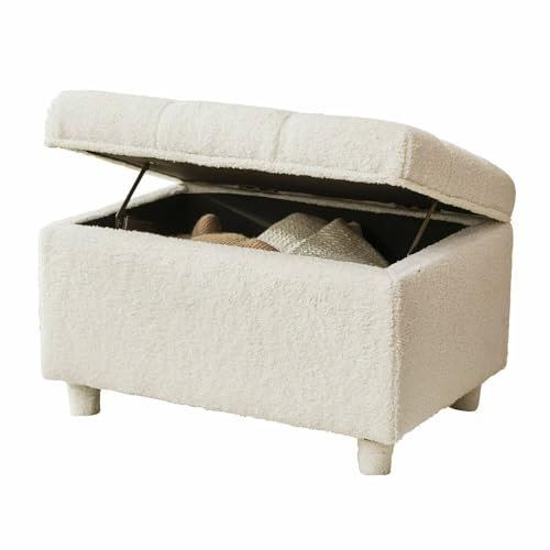 Loberon Truhenbank Ivrielle, Flauschiger Teddyfell-Bezug, Versteckter Stauraum, Gepolsterte Füße, Kinderzimmer, Aufbewahrung, Polyester, Furnierschichtholz, Creme