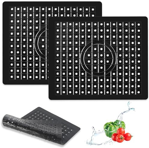 ARCPNRT Sink Mat - Tappetino per lavello, 2 pezzi, 31 x 26 cm, tappetino per lavello con foro di scarico, inserto in gomma per lavello rettangolare, per cucina e bagno, colore: Nero