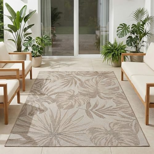 Carpetsale24 Alfombra de Exterior Beige 240x340 cm, Resistente a la Intemperie y a los Rayos UV, para la Cocina, el balcón, la terraza, así como para el salón y el Comedor, Diseño de Hojas de Palma
