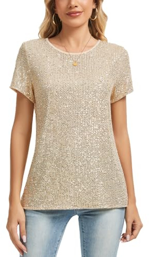 MINTLIMIT Damen Pailletten Glitzer Tops Oberteil Kurzarm Rundhals T-Shirt Bluse Fully Lined Freizeit Party Festival Club