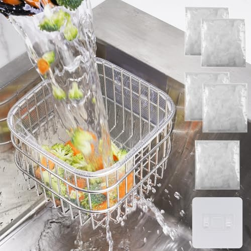 NiHome Kitchen Sink Strainer with 250 Mesh Bags, Stainless Steel Corner Basket with Adhesive Hooks, Easy Install Filter for Food Scraps, Tea Leaves, Coffee Grounds, Space-Saving Drain Catcher for Home