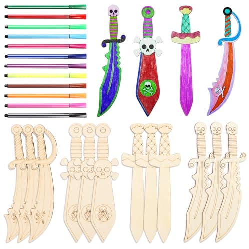Yooyan Pack of 12 Wooden Pirate Swords - for Painting, Creative Pirate Sabre Wooden Sword, Children's Pirate Sword, Wooden Craft Set, Gift, Carnival Gifts for Boys and Girls, DIY Painting Decoration