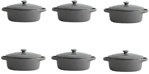 Lot de 6 mini cocottes ovales grises avec couvercle (12,5 cm L x 7,5 cm H avec couvercle)