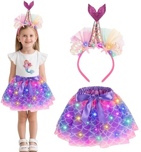 Beipegin Upplyst prinsesskostymer för flickor, sjöjungfru enhörning utklädnad tutu kjol hårband barn fin klänning för födelsedag outfit jul halloween kostym presenter gåva