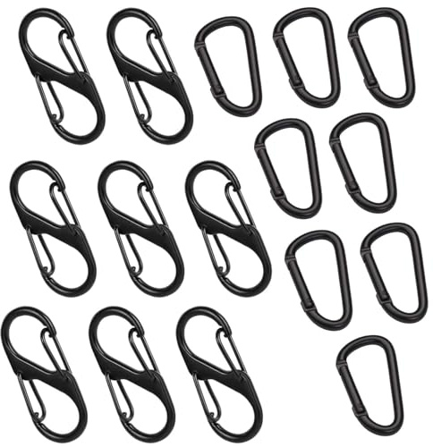16 Stück Mini Karabinerhaken Set – 8 D-förmige & 8 S-förmige Kleine Karabiner aus Aluminium, Leichte Carabiner Klein für Camping, Wandern, Reisen, Schlüssel, Rucksack – Schwarz
