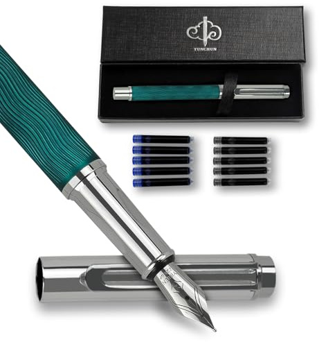 YUN CHUN Four-color Wave Fountain Pen Set, Refillable pens with 10 Ink Cartridges, Pens Set for Men Gift, Fountain Pens Medium Nib, Boligrafo Elegante Black Ink, Streamline Design Ink Pen, Green