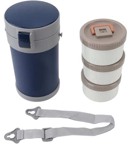 Fyearfly Tarro de comida aislado de 3 niveles de 2,3 L, apto para microondas, lonchera de acero inoxidable 304, a prueba de fugas, con correa para el hombro, para escuela y oficina, color azul