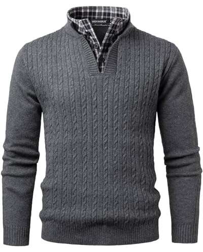 Voyagile Pull Homme avec Col de Chemise Factice Tricot Torsadé Longues Pullover 2 en 1 Sweater