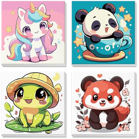 4 Pack Pintar por Numeros Niños Adultos con Marco, Unicornio de dibujos animados, panda, DIY Cuadros para Pintar por Números, Animales kawaii, Pintura Acrilica Cuadro Artesanías de Arte, 20x20cm