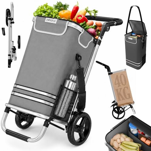 24MOVE® Einkaufstrolley Vehlo klappbar mit 55L inkl. Kühlfach, Faltbarer 3in1 Trolley - Sackkarre und Tasche, bis 30kg belastbar, grau