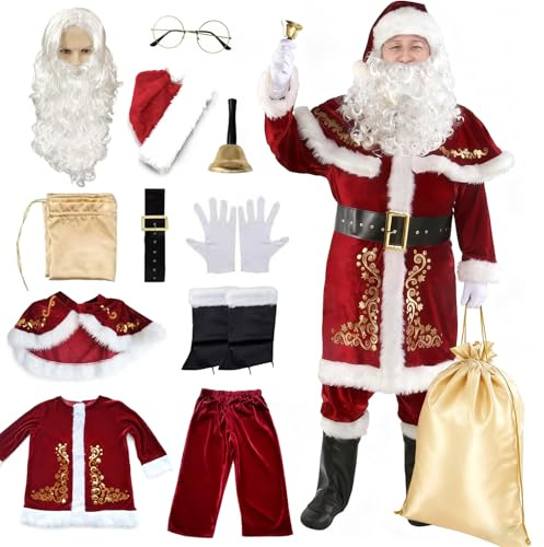 MINGJAY Costume Pere Noel Ensemble,12 Pièces Costume de Père,Velours de Luxe pour Adultes,Complet de Déguisement,Hommes Cosplay Christmas Performance,pour Noel,Carnavals et Soirées à Thème