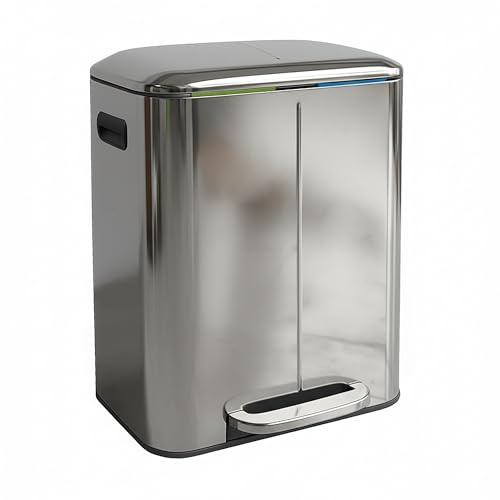 Relaxdays Mülleimer 2 Fächer, 2x 20 l, entnehmbare Inneneimer, silber | Softclose, Fußpedal, Edelstahl, Mülltrenner Küche