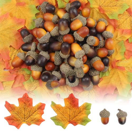 CYIOU 100 Pezzi Ghiande Decorative Autunnali (Colore Scuro + Chiaro) 100 PCS 2 Colori Foglie Finte per Decorazioni Cappello Ghianda Artificiale Natale per i Mestieri Domestici del Festival di Natale