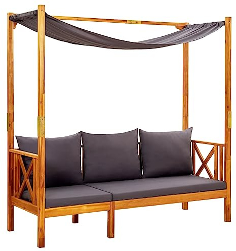 QZZCED Panca da giardino con tenda da sole in legno massello di acacia, lettino esterno con cuscini imbottiti per relax e protezione solare, mobile da patio durevole e facile da pulire