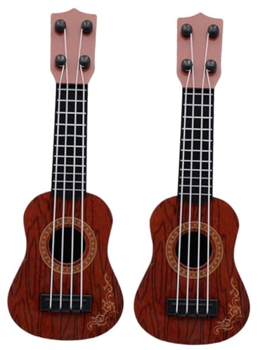 Kisangel Lot de 2 Ukulélés Jouets pour Garçon et Filles en Plastique Marron, Modèles de Guitare Miniature à 4 Cordes, Instrument D’éveil Musical Éducatif pour Filles et Garçons de 4 à 5