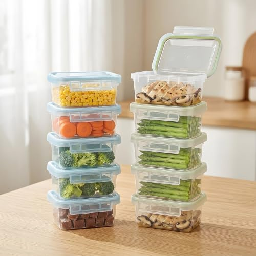 VINATO Set di 10 Contenitori Hermetici - 300ml, Senza BPA, Impilabili, Per Freezer & Microonde, Ideale per Meal Prep, Spuntini & Dispensa, 10 Etichette